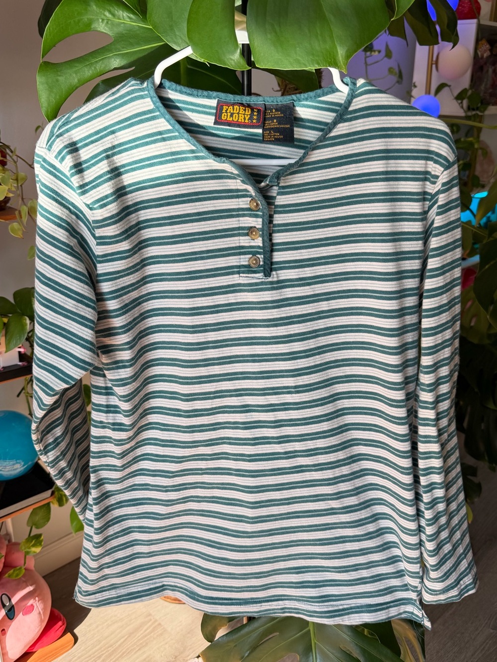 Faded Glory Green White Striped Henley Long Sleeve Shirt Size L Vtg Y2K